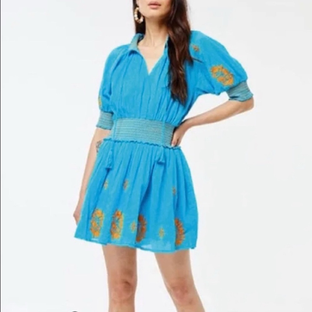 Roller Rabbit Paraiso Fiorella Smocked Turquoise Gold Dress Embroidered Sz Large